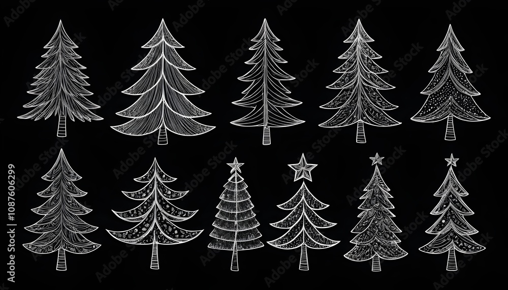 Obraz premium set of christmas tree graphic art with line doodle hand drawn vector illustration isolated on black