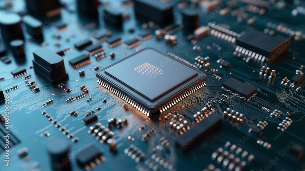 Close-up view of a computer motherboard with a prominent central processing unit and various electronic components. Close-up view of a computer motherboard with a prominent central processing unit and various electronic components.