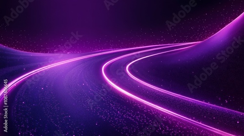 Abstract glowing purple road curves in dark space with sparkles.