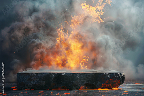 A stone platform stands with fire and smoke, creating a dramatic and intense scene. The smoke and fire give the impression of a volcanic eruption or a fiery explosion, evoking a sense of danger.