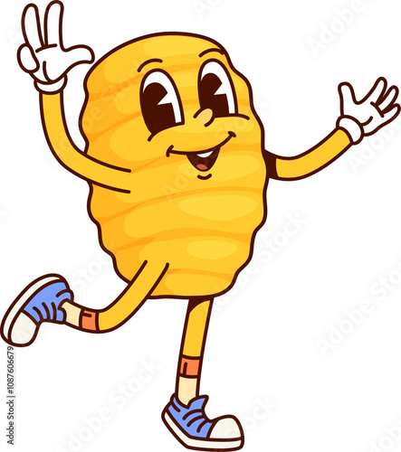 Italian pasta Gnocchi groovy cute character. Gnocchi wheat noodle dish comical mascot, Italian restaurant raw gourmet or Italy cuisine menu tasty pasta cartoon groovy isolated vector personage