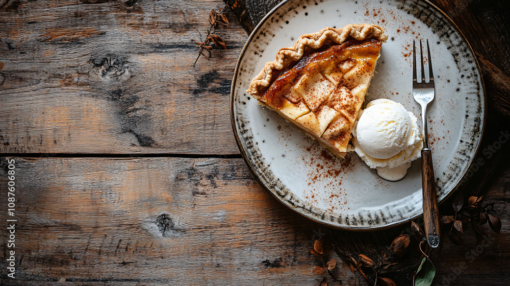 A slice of apple pie on a plate with a scoop of vanilla ice cream, a sprinkle of cinnamon, and a fork ready to eat, placed on a rustic wooden table. A slice of apple pie on a plate with a scoop of vanilla ice cream, a sprinkle of cinnamon, and a fork ready to eat, placed on a rustic wooden table.
