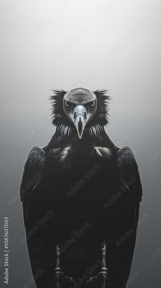 Naklejka premium A black vulture bird is standing on a gray background, vertical mobile wallpaper.