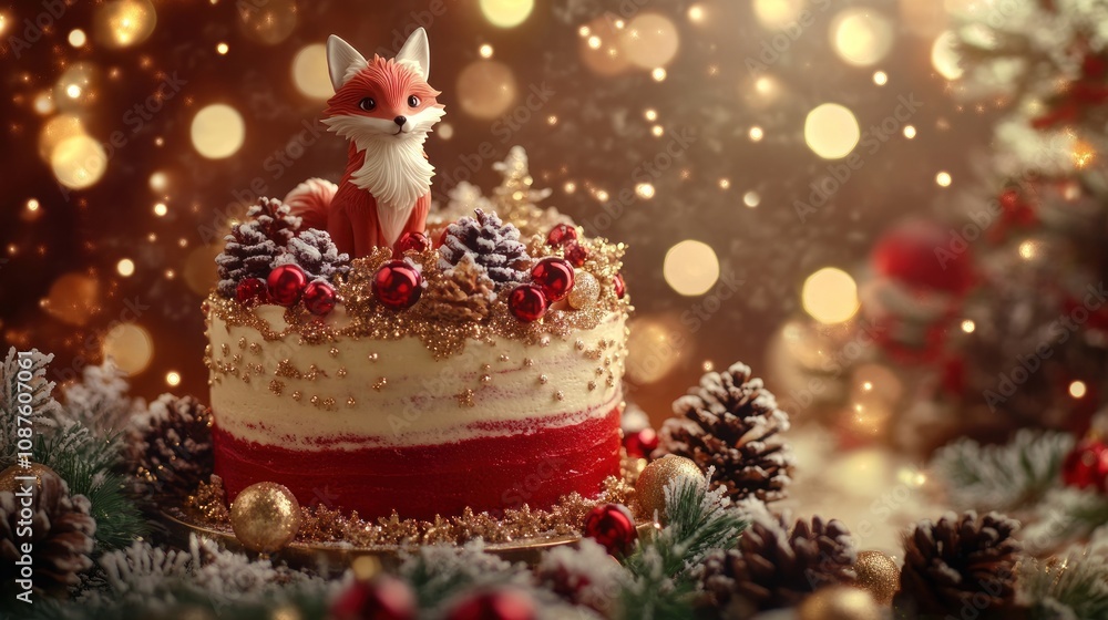 A festive cake adorned with a fox figurine and holiday decorations, set against a twinkling backdrop. A festive cake adorned with a fox figurine and holiday decorations, set against a twinkling backdrop.