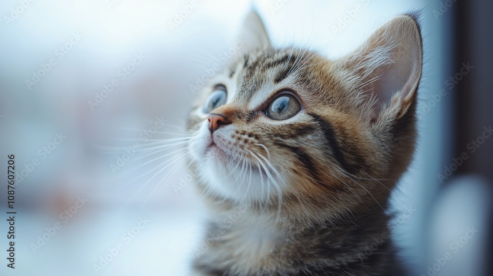 Adorable tabby kitten looking up with wide, curious eyes. Soft, muted colors create a peaceful mood. Adorable tabby kitten looking up with wide, curious eyes. Soft, muted colors create a peaceful mood.