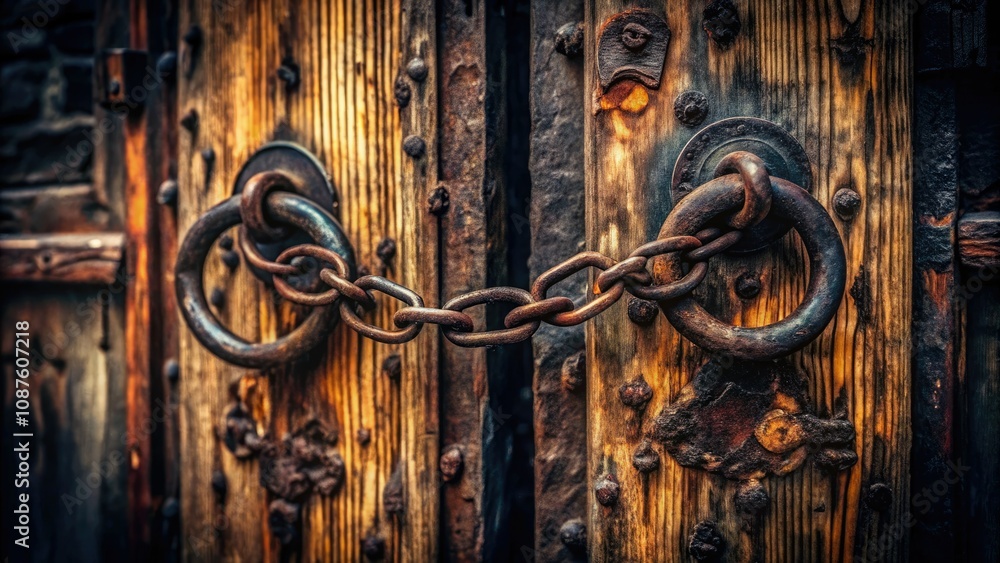 Night Photography of Two Chains with Metal Rings Hanging from a Door in Urban Setting Night Photography of Two Chains with Metal Rings Hanging from a Door in Urban Setting