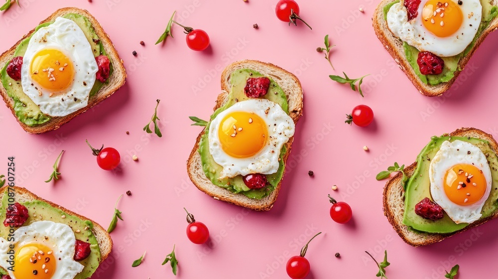 Delicious avocado toast topped with fried eggs and cherry tomatoes on a pink background. Delicious avocado toast topped with fried eggs and cherry tomatoes on a pink background.