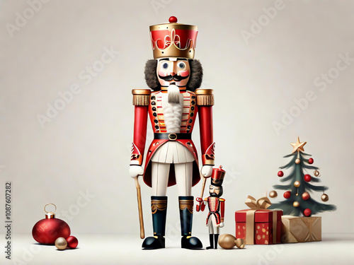 Whimsical full-body Christmas nutcracker illustration, white background, textured, childrens book style, minimal retouching, caricature faces, calotype, subtle shading. photo