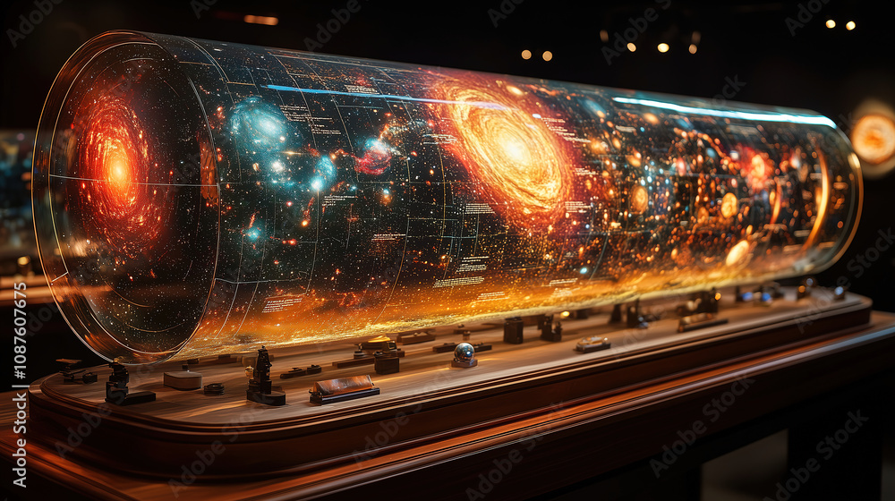 Interactive display of a cosmic model showcasing universal phenomena in a modern museum exhibit during the evening hours. Generative AI Interactive display of a cosmic model showcasing universal phenomena in a modern museum exhibit during the evening hours. Generative AI