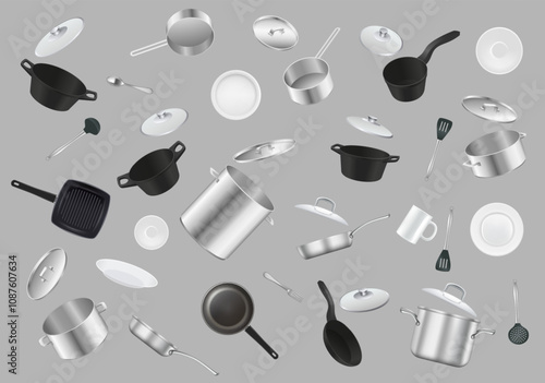 Falling cookware cooking pattern realistic vector illustration. Kitchen utensil and equipment for food preparation and culinary sparse background