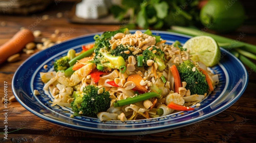 A colorful plate of vegetable pad see ew stir-fry with wide rice noodles, broccoli A colorful plate of vegetable pad see ew stir-fry with wide rice noodles, broccoli