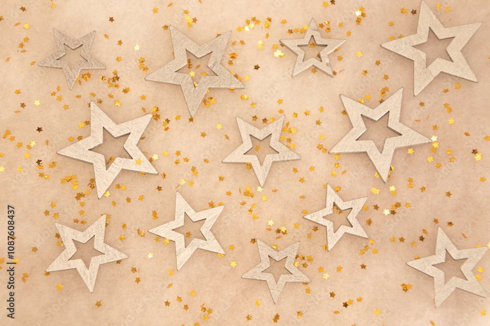 snowflakes and christmas stars and made of gold and silver color wood, very beautiful christmas background snowflakes and christmas stars and made of gold and silver color wood, very beautiful christmas background