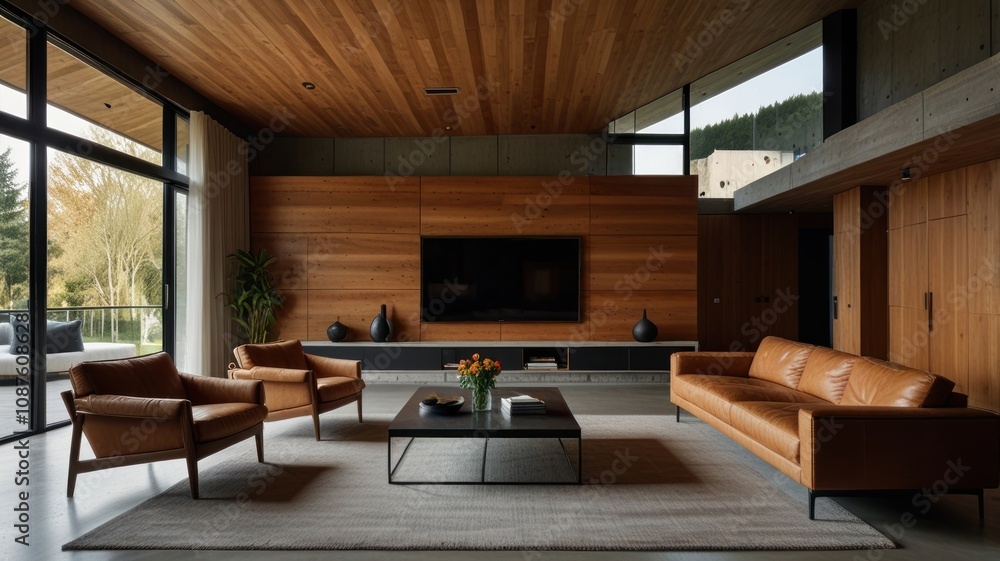 ... Modern living room with wood wall, leather furniture, and large windows. ... Modern living room with wood wall, leather furniture, and large windows.