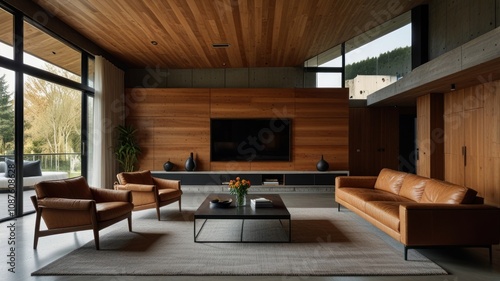 ... Modern living room with wood wall, leather furniture, and large windows.