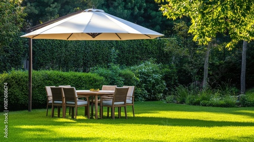 Modern outdoor table and chairs on a grassy lawn, set under a large umbrella for a cozy garden dining experience.