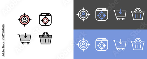 E commerce and online shop symbol set - modern target group, and cart icon symbols