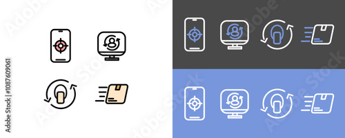 E commerce and online shop symbol set - modern target group,user refresh, sales tag and package delivery icon symbols