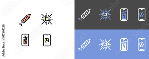 New year symbol set - firelight, firework, firecracker and champagne icon symbols