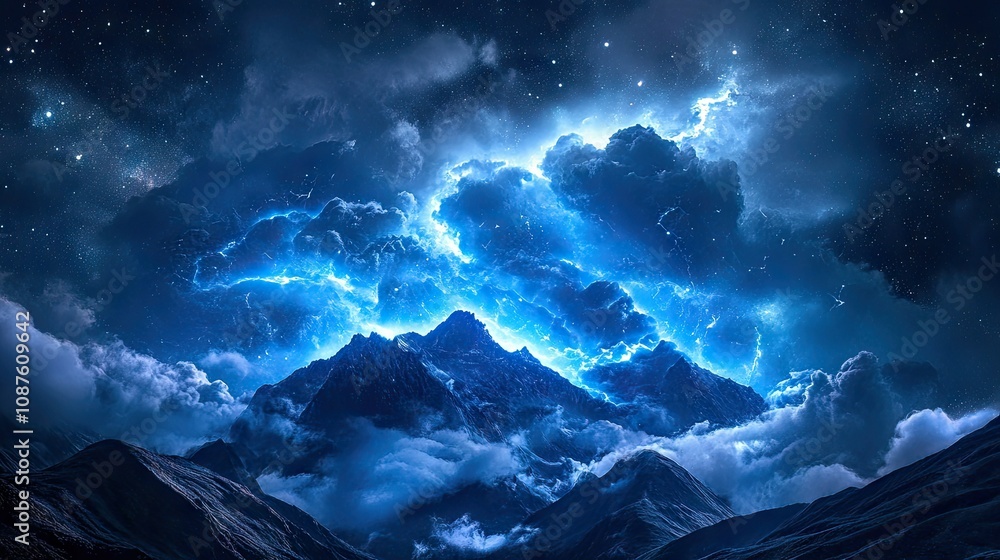 Fototapeta premium Mountain landscape at night under a dramatic, stormy sky with stars peeking through the clouds, creating a mystical, atmospheric scene.