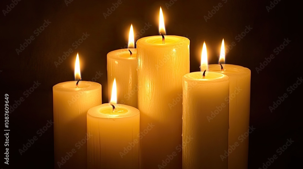 Multiple candles burning in the darkness, their soft, flickering flames casting a tranquil, cozy light. Multiple candles burning in the darkness, their soft, flickering flames casting a tranquil, cozy light.
