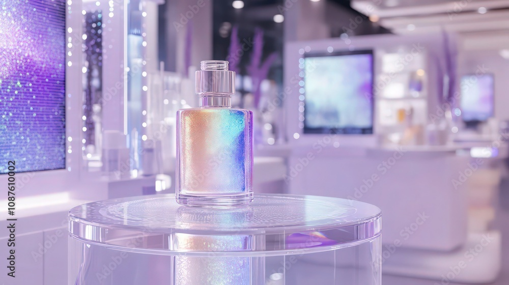 A cosmetic skincare display featuring a crystal-clear podium, with a glass flask of iridescent liquid, in a pristine lab with lavender lighting and digital holographic screens. A cosmetic skincare display featuring a crystal-clear podium, with a glass flask of iridescent liquid, in a pristine lab with lavender lighting and digital holographic screens.
