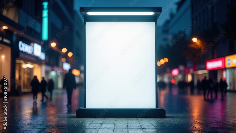 This detailed urban billboard mockup features a glowing citylight display amidst vibrant streetlights and pedestrians.