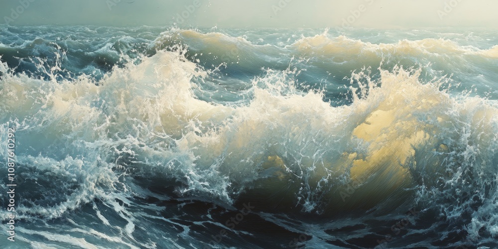 Fototapeta premium Seascape capturing the dynamic beauty of waterwaves and frothy white foam, showcasing the mesmerizing seascape in motion and the natural elements at play in this captivating scene.