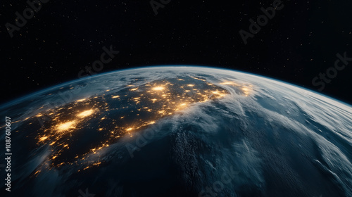 View of Earth from space at night with illuminated city lights and atmospheric details against a starry background.