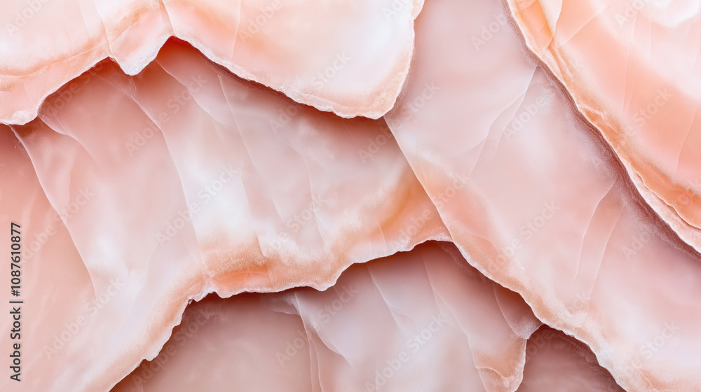 Close-up of layered pink and white translucent mineral formations with delicate textures and gentle gradients. Close-up of layered pink and white translucent mineral formations with delicate textures and gentle gradients.