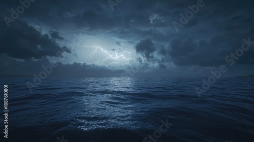 Ocean view at night with a turbulent sky filled with lightning and heavy clouds, the water reflecting flashes of light for a dramatic effect.