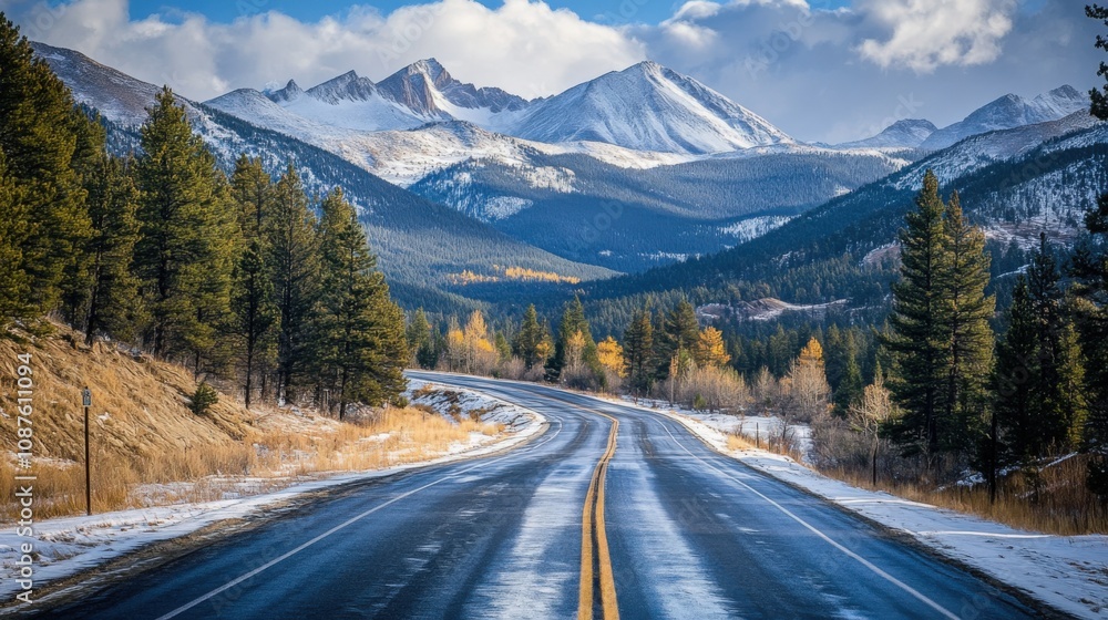 Scenic Mountain Road Winding Through Snowy Peaks and Pines Scenic Mountain Road Winding Through Snowy Peaks and Pines