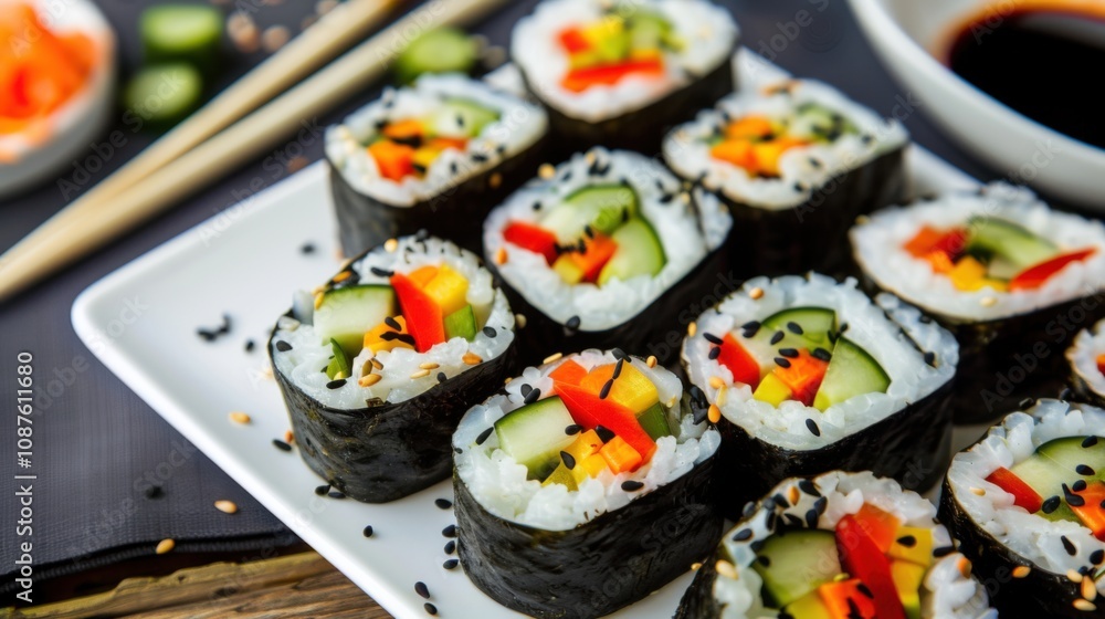 A colorful plate of vegetable sushi rolls with avocado, cucumber A colorful plate of vegetable sushi rolls with avocado, cucumber