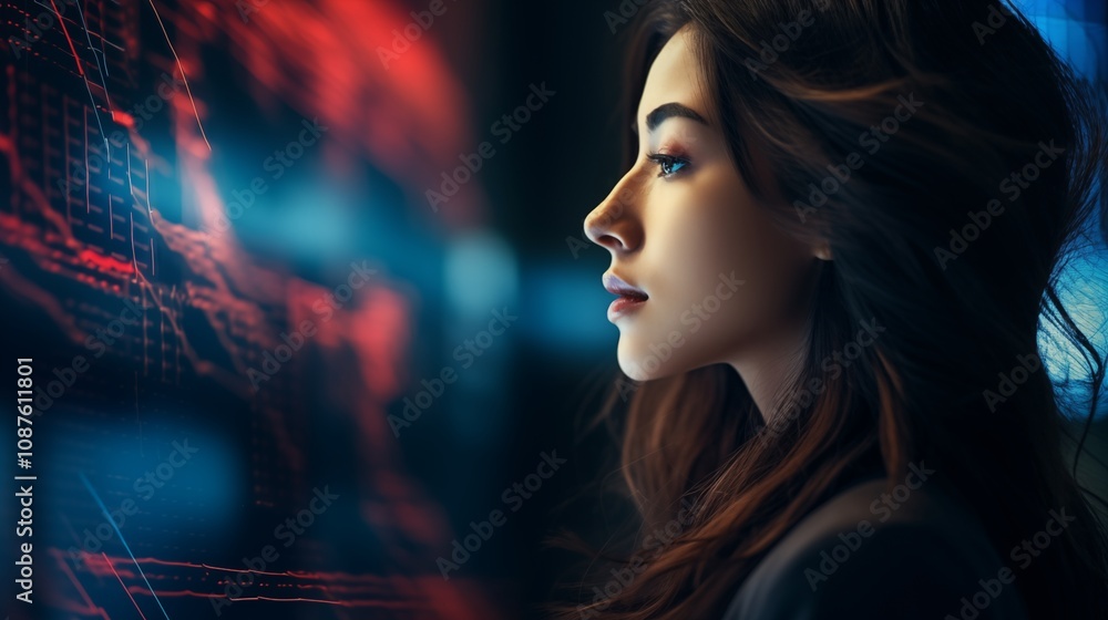 double exposure of stock market data and a woman’s profile, empty space in the center, Studio lighting setup,generative ai illustration double exposure of stock market data and a woman’s profile, empty space in the center, Studio lighting setup,generative ai illustration