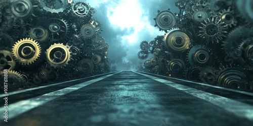 Abstract road background featuring an empty square floor and a gear set scene, creating an intriguing visual narrative that emphasizes the relationship between the abstract road background and the