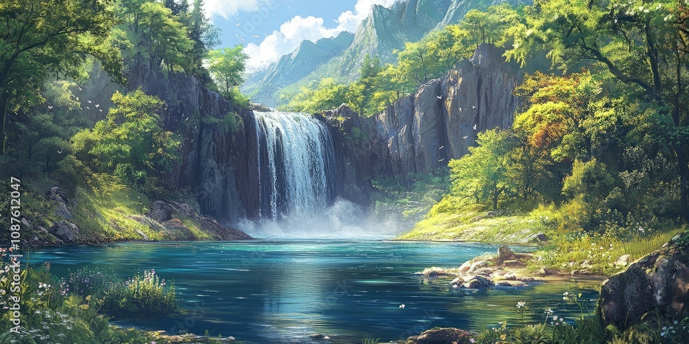 Fototapeta premium Enchanting waterfalls cascade beside a serene lake, nestled deep within a tranquil forest, creating a peaceful atmosphere that showcases the beauty of nature s waterfalls and lake.