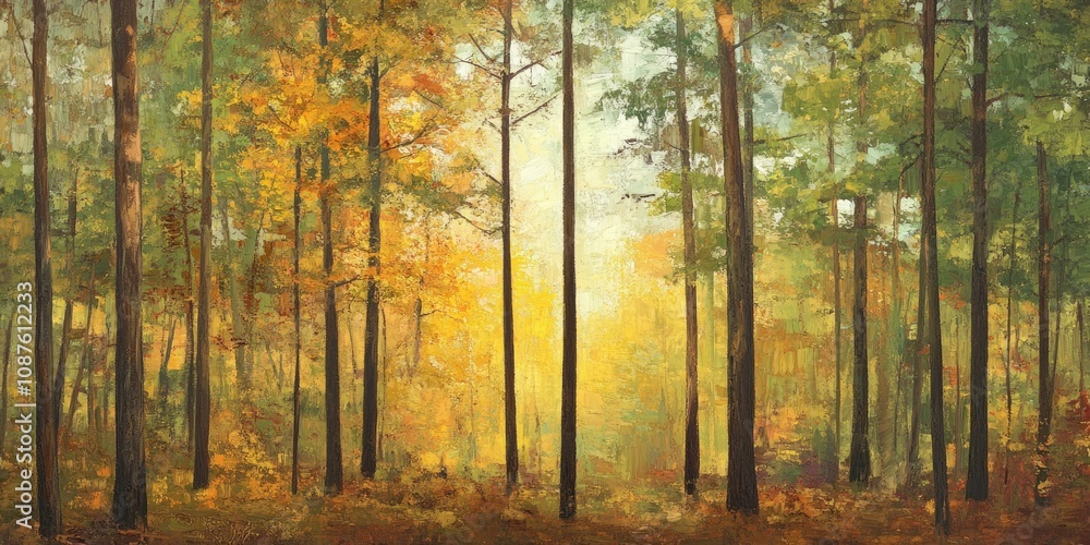 Fototapeta premium Vibrantly colored forest in autumn showcases a stunning array of green, yellow, and brown foliage. This autumn scene features mixed trees that create a picturesque woodland atmosphere.