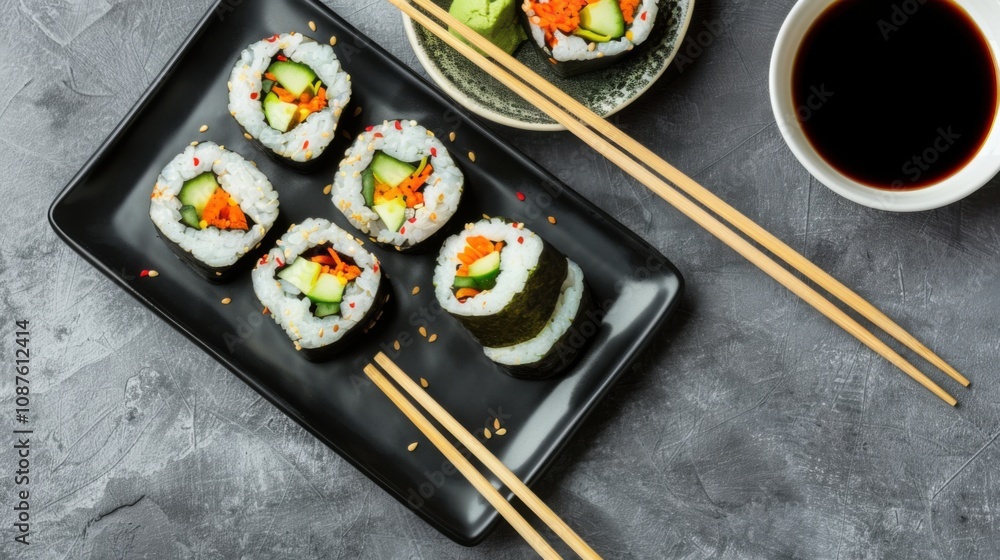 A colorful plate of vegetable sushi rolls with avocado, cucumber A colorful plate of vegetable sushi rolls with avocado, cucumber