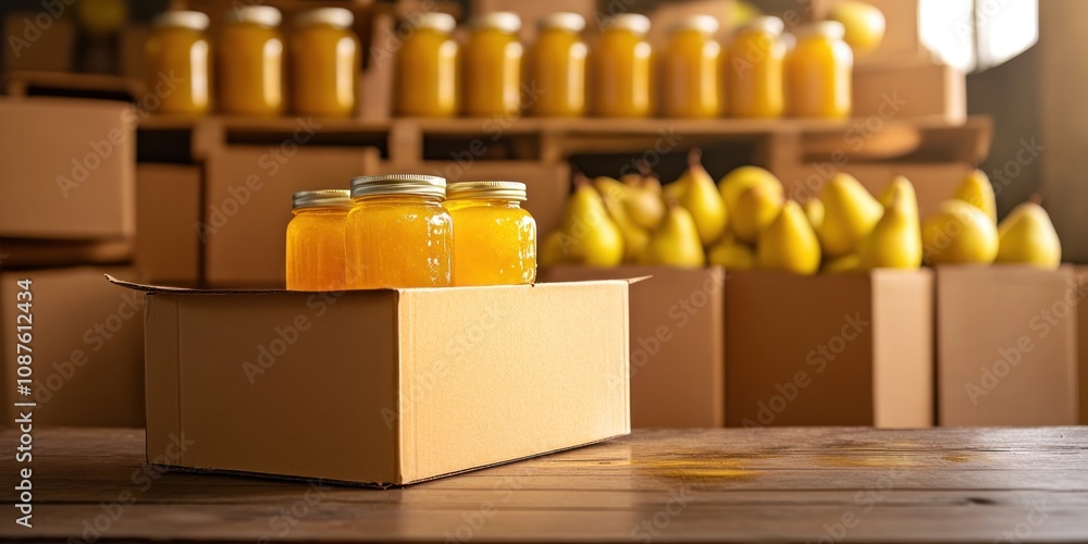 Jars of yellow preserves in a cardboard box, surrounded by packed pears in a storage area. Jars of yellow preserves in a cardboard box, surrounded by packed pears in a storage area.