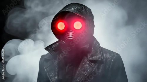 Apocalyptic survivor in gas mask with red eyes