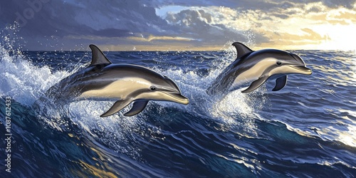 Common dolphins represent one of the 36 unique species of marine mammals typically found in diverse marine environments, showcasing the rich biodiversity of common dolphins in the ocean. photo