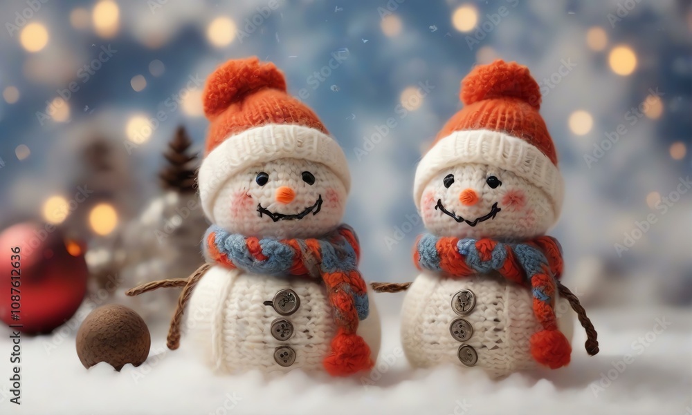 Adorable knitted snowmen on soft snow amidst festive Christmas decorations. Adorable knitted snowmen on soft snow amidst festive Christmas decorations.