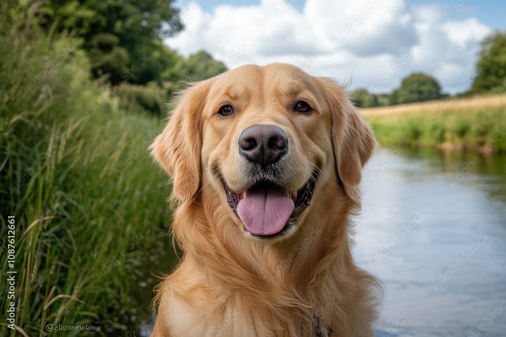 A happy golden retriever by a serene river, showcasing joy and nature. A happy golden retriever by a serene river, showcasing joy and nature.
