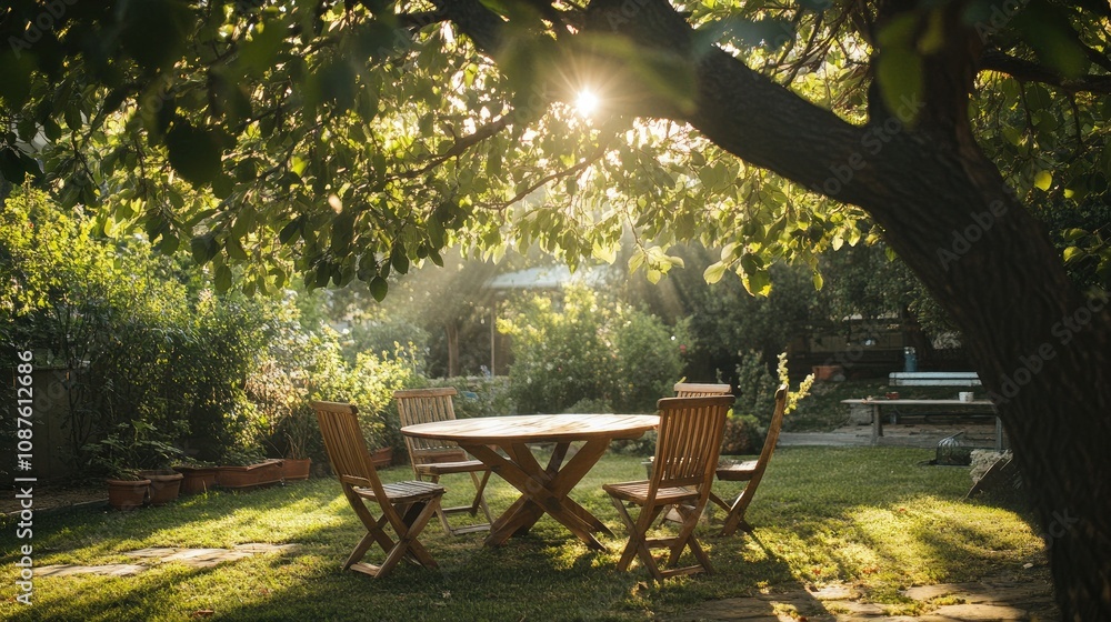 Round wooden table and chairs set under a large tree in a garden, with sun rays filtering through the leaves. Round wooden table and chairs set under a large tree in a garden, with sun rays filtering through the leaves.
