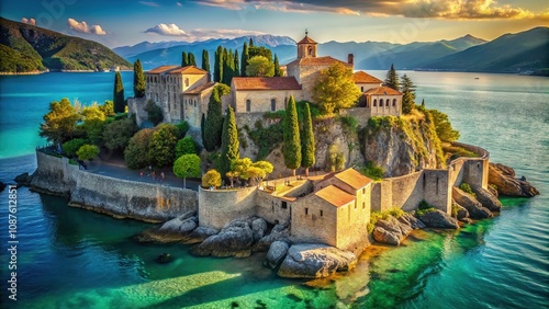 Picturesque architecture defines the fortified walls of Saint Honorat Monastery in France. photo