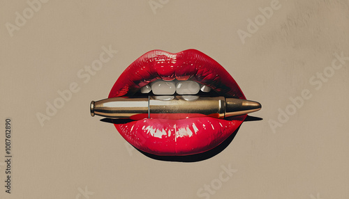 Red Lips and Bullet:  A striking image of a woman's full, luscious red lips holding a single bullet, creating a bold and enigmatic visual. This image is perfect for conveying themes of power, danger.