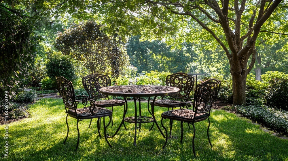 Rustic iron chairs and a round table set in a sunny garden, shaded by trees with dappled sunlight creating a peaceful vibe. Rustic iron chairs and a round table set in a sunny garden, shaded by trees with dappled sunlight creating a peaceful vibe.