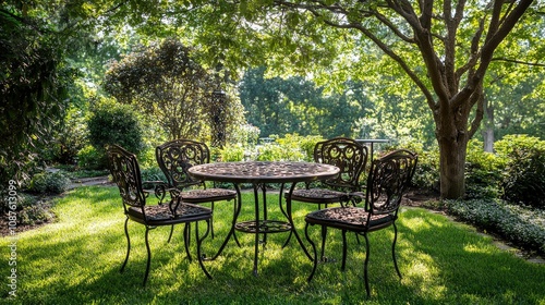 Rustic iron chairs and a round table set in a sunny garden, shaded by trees with dappled sunlight creating a peaceful vibe.