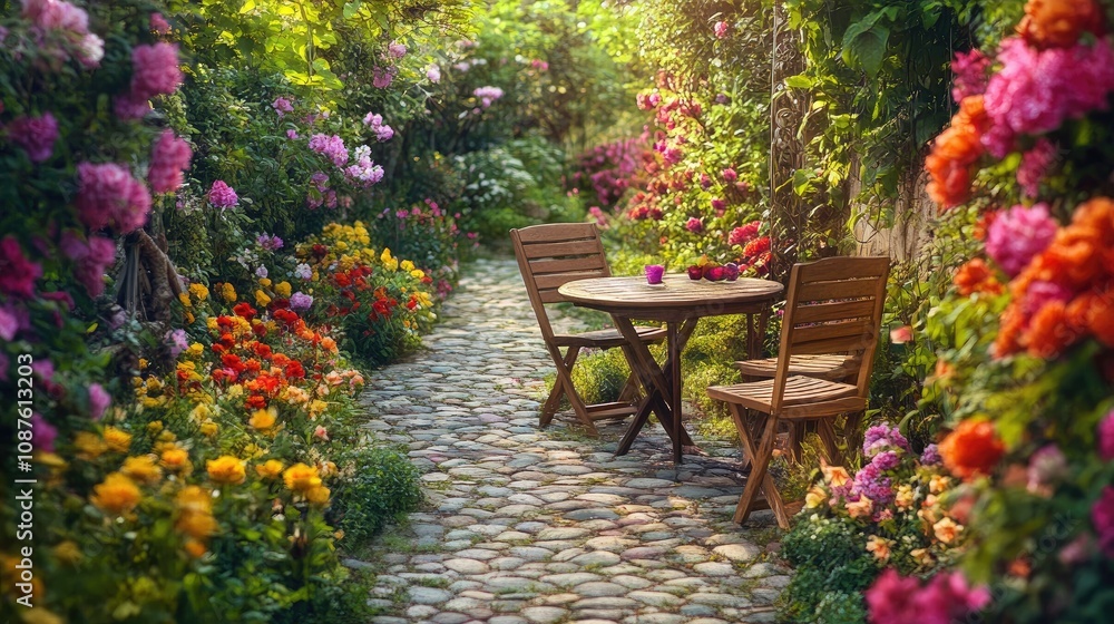 Rustic wooden chairs and table set on a cobblestone path in a blooming garden, surrounded by colorful flowers. Rustic wooden chairs and table set on a cobblestone path in a blooming garden, surrounded by colorful flowers.