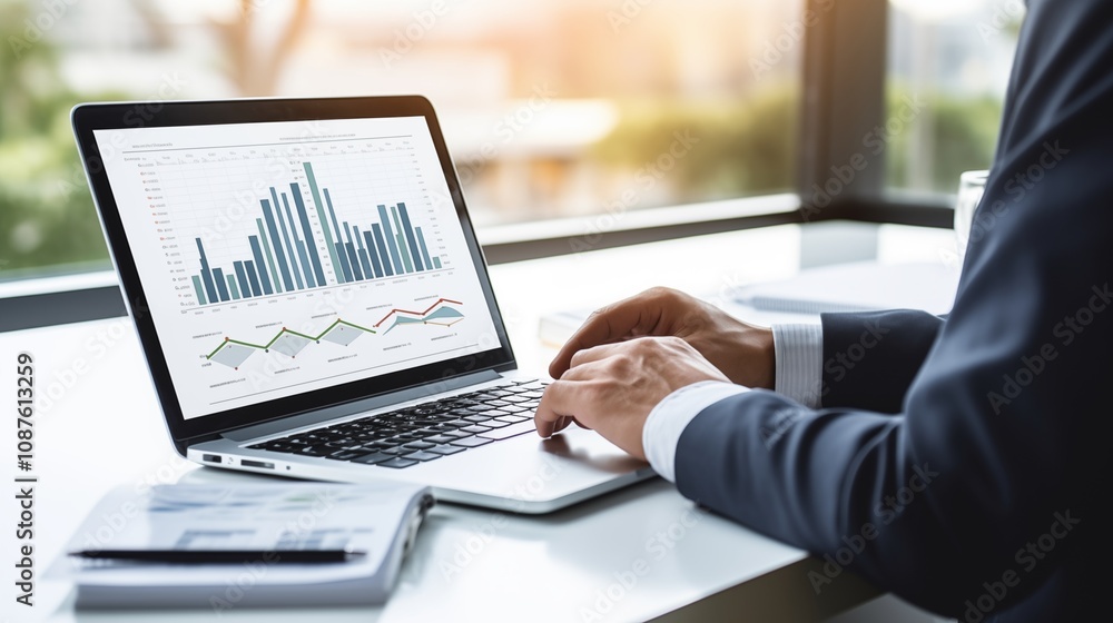 man analyzing graphs and reports on a laptop in an office, empty space on the right side, Ambient Light,generative ai illustration man analyzing graphs and reports on a laptop in an office, empty space on the right side, Ambient Light,generative ai illustration