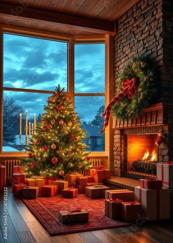 Wallpaper Mural Cozy Christmas living room, large window with mountain view, decorated Christmas tree, glowing fireplace, stone wall, wood ceiling, warm lighting, festive atmosphere, presents under tree, cloudy sky,  Torontodigital.ca